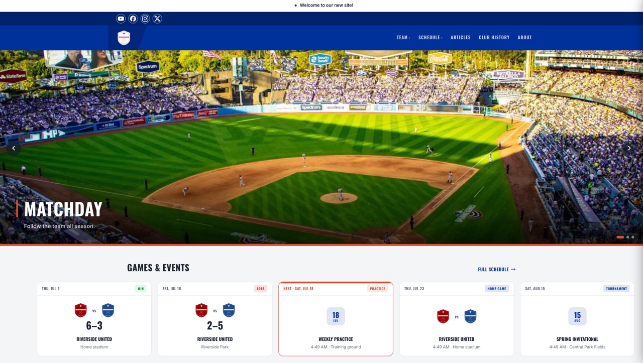 A live LocalOrbit sports-club homepage — match-day hero and schedule