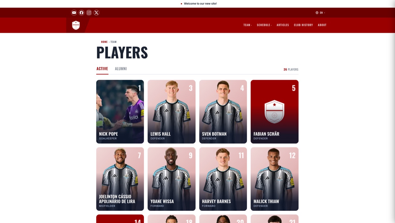 A LocalOrbit players page — the squad grid with photos and numbers
